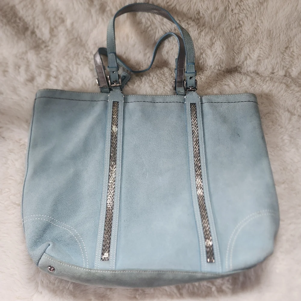 Vintage Coach Powder Blue Gallery Tote Soft Split Suede Metallic Beaded Trim Y2K - Picture 2 of 16
